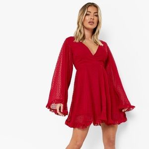 Red Chiffon Wide Sleeve Skater Dress
